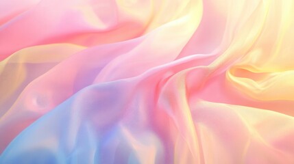 Obraz premium Soft draped fabric in pastel shades of pink yellow and blue gently lit by warm sunlight producing delicate light reflections and subtle bokeh effects for an abstract background