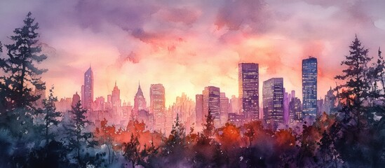 Obraz premium A beautiful cityscape with a soft watercolor effect. The sky is a vibrant mix of pink and orange hues.