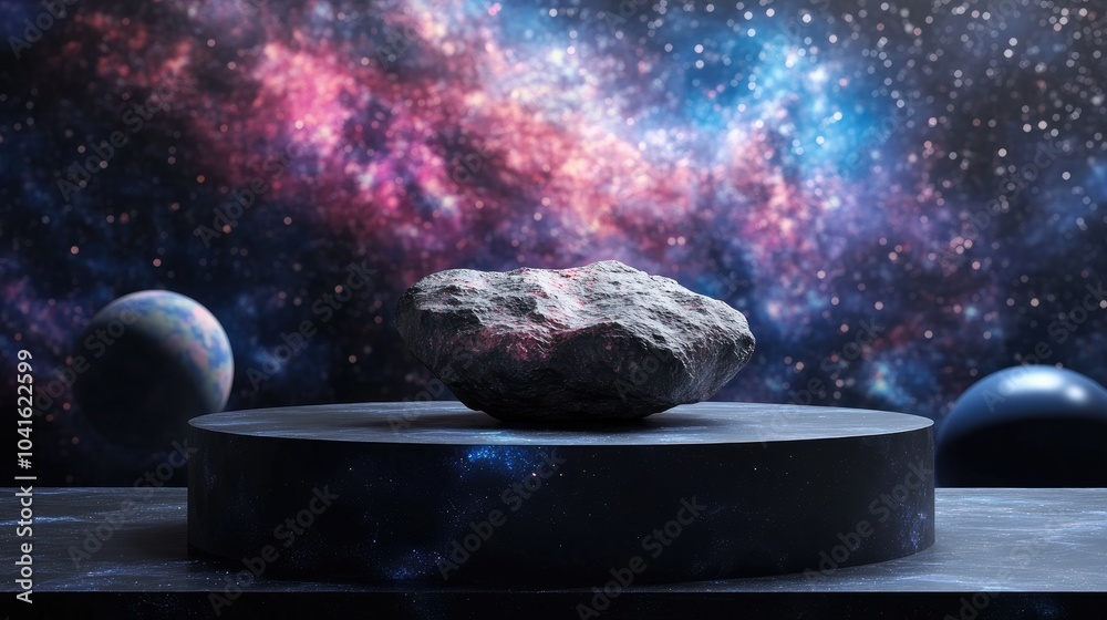 Wall mural abstract display podium featuring a floating rock stone asteroid in a cosmic galaxy environment for 