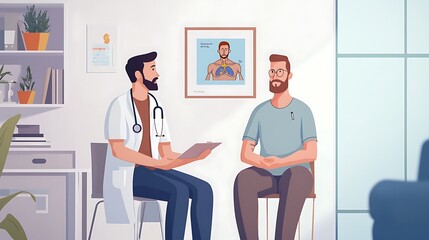 A doctor engagingly explains a health condition to a patient in a modern medical office setting with visual aids