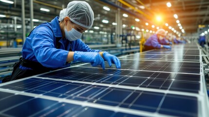 Technician in a solar panel factory, assembling photovoltaic cells while wearing gloves and a hairnet.