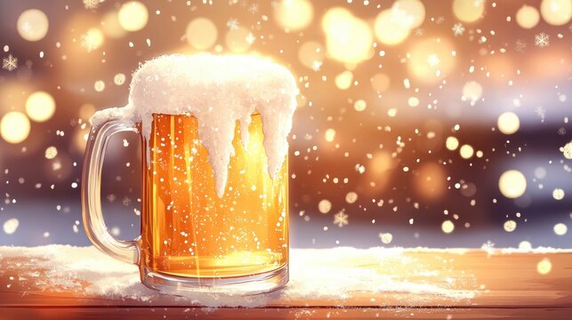 Close up of a beer mug on a table featuring a winter themed bokeh light background