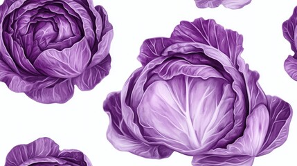 Obraz premium Seamless raster design featuring a hand drawn head of purple cabbage created in a realistic style on a white background