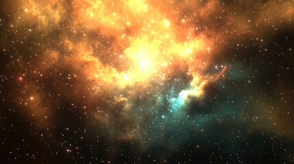 A captivating emission nebula in a 3D cartoon rendering showcases brilliant stars giving rise to vivid glowing clouds of cosmic dust and gas