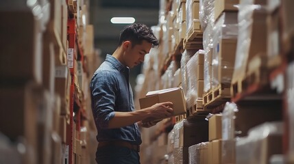 Focused Warehouse Worker Meticulously Labeling Packages for Precise Logistics Management