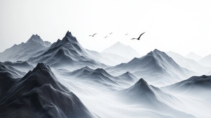 Fototapeta premium Flock of birds is flying over a misty mountainscape