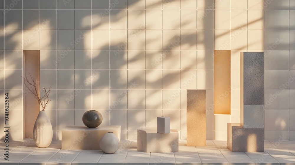 Poster 3d rendering of various objects displayed against a white tile backdrop illuminated by warm sunlight
