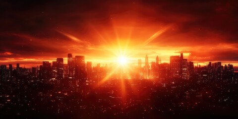 Fototapeta premium Sunset over an urban skyline with vibrant colors illuminating the sky, Vibrant sunset over urban skyline