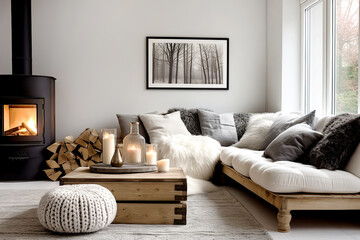 Naklejka premium Minimalist, rustic interior design of modern living room. Corner sofa with grey and fur pillows near fireplace.