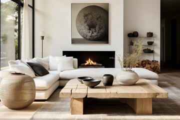 Minimalist interior design of modern living room. Rustic barn wood coffee table near corner sofa against wall with fireplace, frame and shelf.