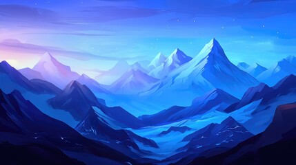 Fototapeta premium Cartoon illustration of a vast mountain range under a dusk atmosphere featuring a cool color gradient against a blue background suitable for advertising design