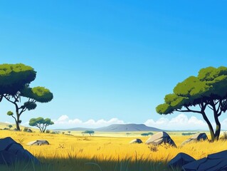 Cartoon illustration of an African savannah landscape featuring wild nature green trees rocks and a grassy plain under a clear blue sky designed in a panoramic parallax style