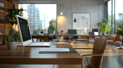 Fototapeta premium Modern Office Interior with Laptop and Green Plants