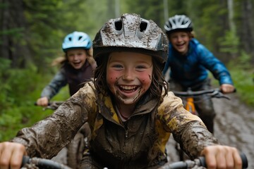 Fototapeta premium A child unbothered by mud, smiling widely, as they ride a mountain bike with friends on a trail, embodying the spirited fun and adventurous excitement of childhood 