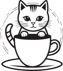 cat and coffee cup, abstract shape style, minimalism