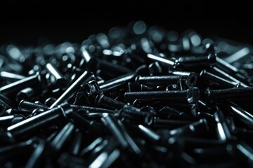 Close-Up of Black Metal Fasteners on Dark Surface