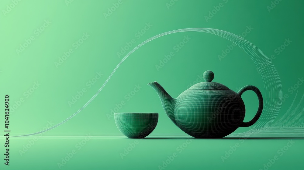 Poster a minimalist representation of a teapot and cup rests gently against a serene green backdrop, creati