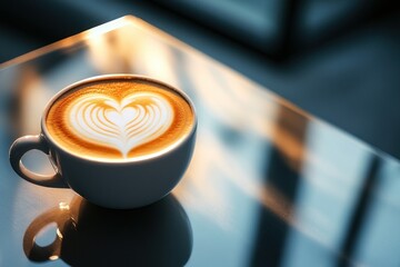 Warm Latte with Heart Design on a Table