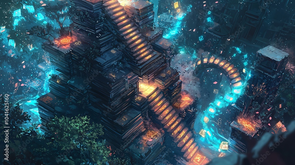 Poster explore the mystical enchantment of a towering book structure illuminated by glowing glyphs and surr