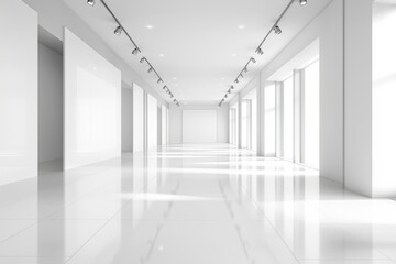 A modern, empty gallery interior with white walls and spotlights on a plain background, concept of...