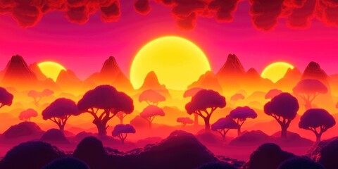 Sunrise in a rural setting featuring tree silhouettes, Rural sunrise with tree silhouettes