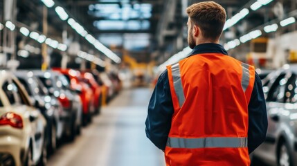 Technician in an automotive plant, assembling car parts on the production line, wearing a safety jacket.
