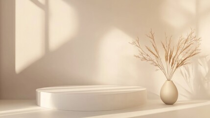 Fototapeta premium 3D rendering of a minimalist scene featuring a white blank podium with an earthy color palette Soft muted colors complement simple geometric shapes creating a contemporary display for product mock