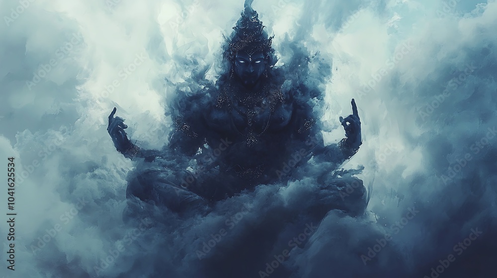 Poster ethereal deity rising from the mist a mystical representation of spirituality and power in a shroude