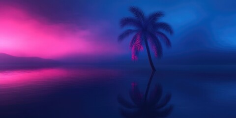 Naklejka premium Elegant Silhouette of Sugar Palm in a Field, with Shadow Reflections on Water, captured in a striking silhouette style, Elegant Silhouette of Palm Tree with Shadow Reflections on Water