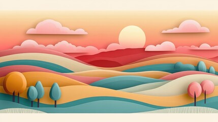 Paper Art Design And Digital Craft Style Featuring Cultivated Land With Hills Trees And Clouds At Dawn Showcasing Farming And Nature Themes In Beautiful Colors And Textures