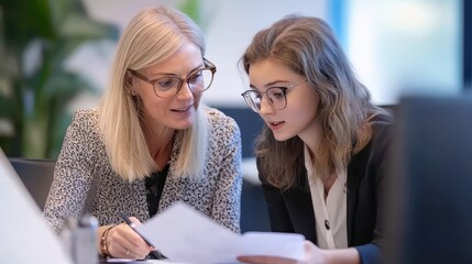 Senior businesswoman mentoring a younger colleague during a oneonone meeting, reviewing documents together