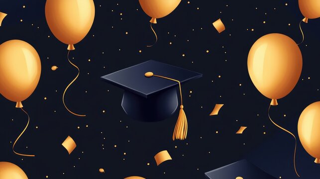 2D cartoon illustration featuring a graduate cap and floating golden balloons against a dark background A playful design showcasing caps in the air and a festive balloon pattern