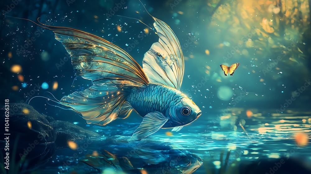Aufkleber a magical scene of a fish with butterfly wings fluttering over a glimmering lake in a mystical fores