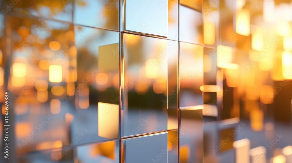 Poster 3d rendering of square mirrors with a bokeh background