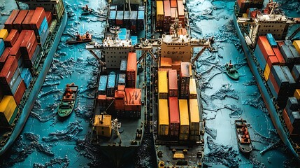 Fototapeta premium Visualizing the impact of trade lockdowns a detailed representation of container ships and cargo in stagnant waters