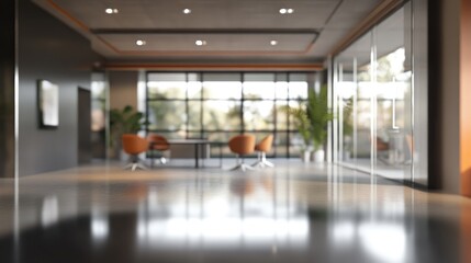 3D rendering of a modern office interior featuring a beautiful blurred background in gray tones complemented by panoramic windows glass partitions and orange color accents