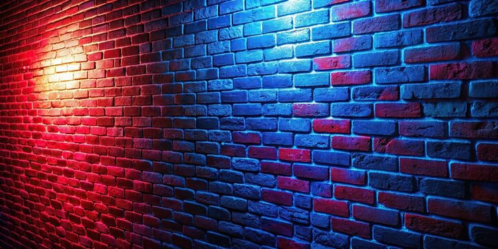 Brick wall with blue and red lights at tilted angle, abstract