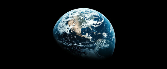 Realistic blue planet Earth with atmosphere from space, black background, high-resolution...