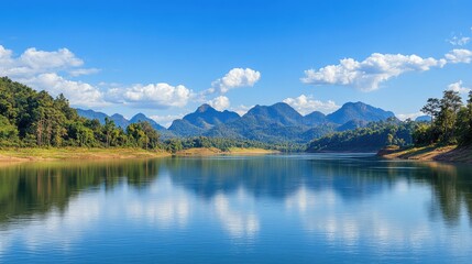 Obraz premium Scenic Lake with Mountains and Blue Sky Reflection