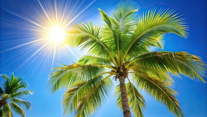 Obraz premium Bright sun over palm tree in paradise against clear blue sky