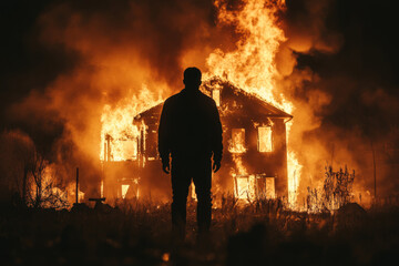 A man standing in front of his burning house at night. The house is engulfed in flames. The concept of horror, tragedy, fear, loss.