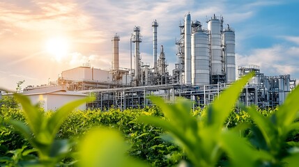 Sustainable Biofuel Processing Plant Surrounded by Lush Greenery and Nature