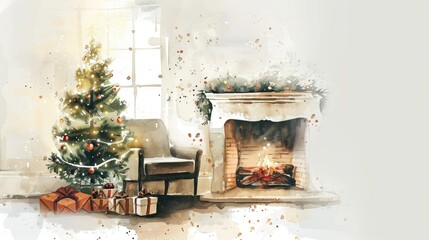 A cozy Christmas scene with a fireplace, a chair, and a Christmas tree on the left