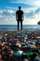 A man standing on a beach covered in plastic waste, with the focus on small microplastic fragments, representing environmental pollution affecting human bodies