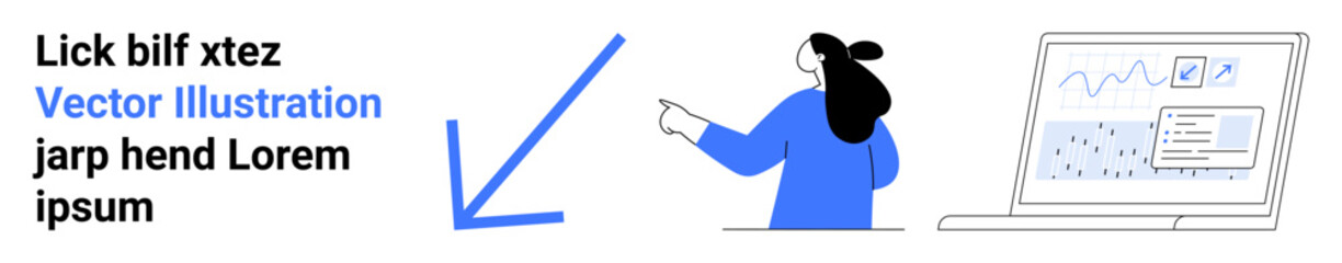 Smiling person pointing at a laptop screen with charts and graphs. Ideal for business analysis, data visualization, online education, tech presentations, and modern landing pages. Landing page
