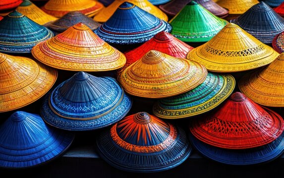 Vibrant Handpainted Conical Straw Hats from Thailand - Canon EOS R5 and RF 60mm f2 Lens Captured Intricate Designs and Colors
