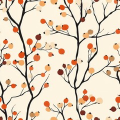 Vintage fall berries and branches pattern on vintage beige fabric background, seamless repeating pattern, textile print style, minimal, autumn harvest design, seamless berry pattern, home decor