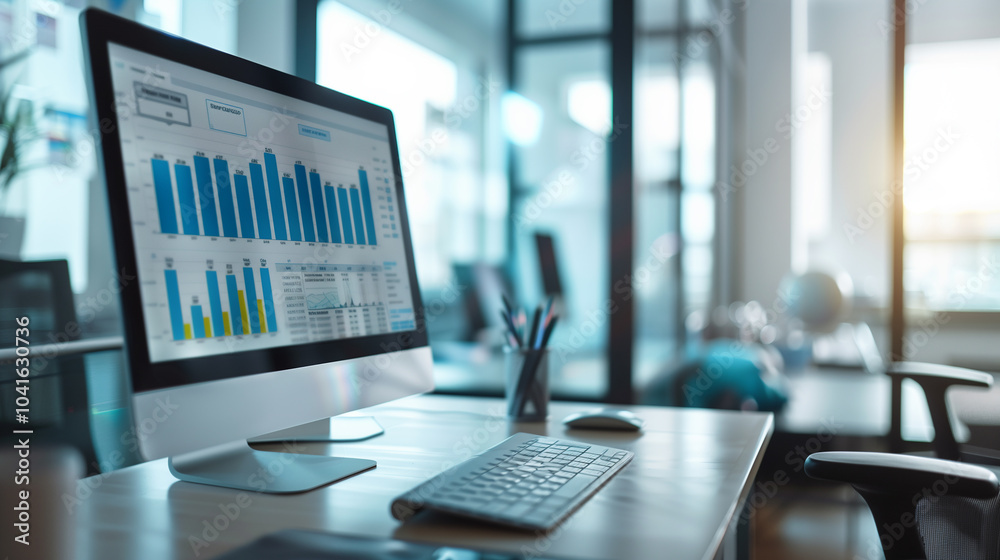 Poster business audit data statistics display on computer screen in modern office