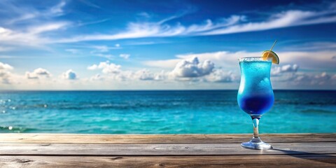 Blue hawaii cocktail on white wooden table with blue sea and sky background.