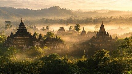 Serene Morning at Ancient Temples in the Mist
